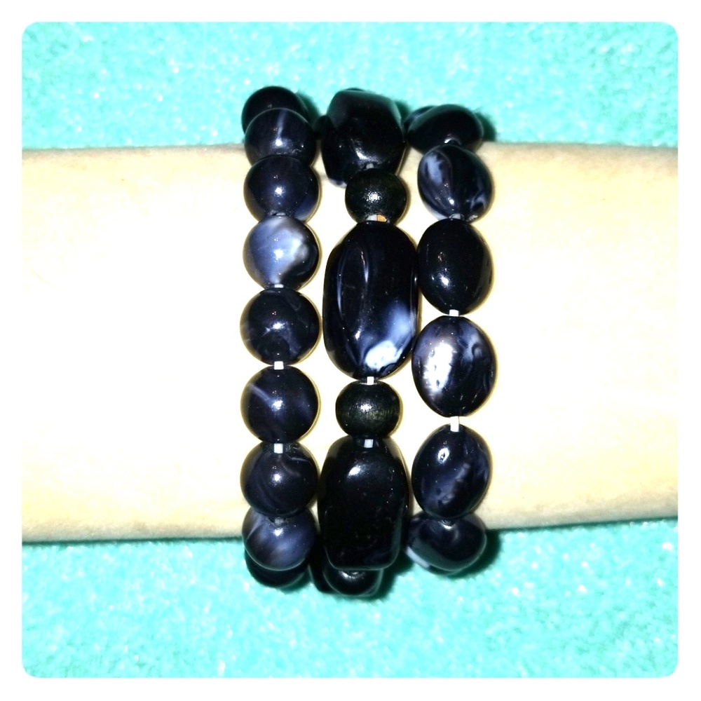 Three Piece Black & White Beaded Stretch Bracelets